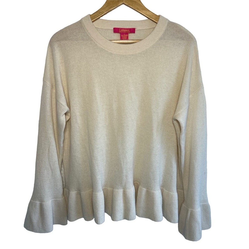 Catherine Malangrino Size Large 100% Cashmere Bell Cuff Ruffle Hem Sweater Cream